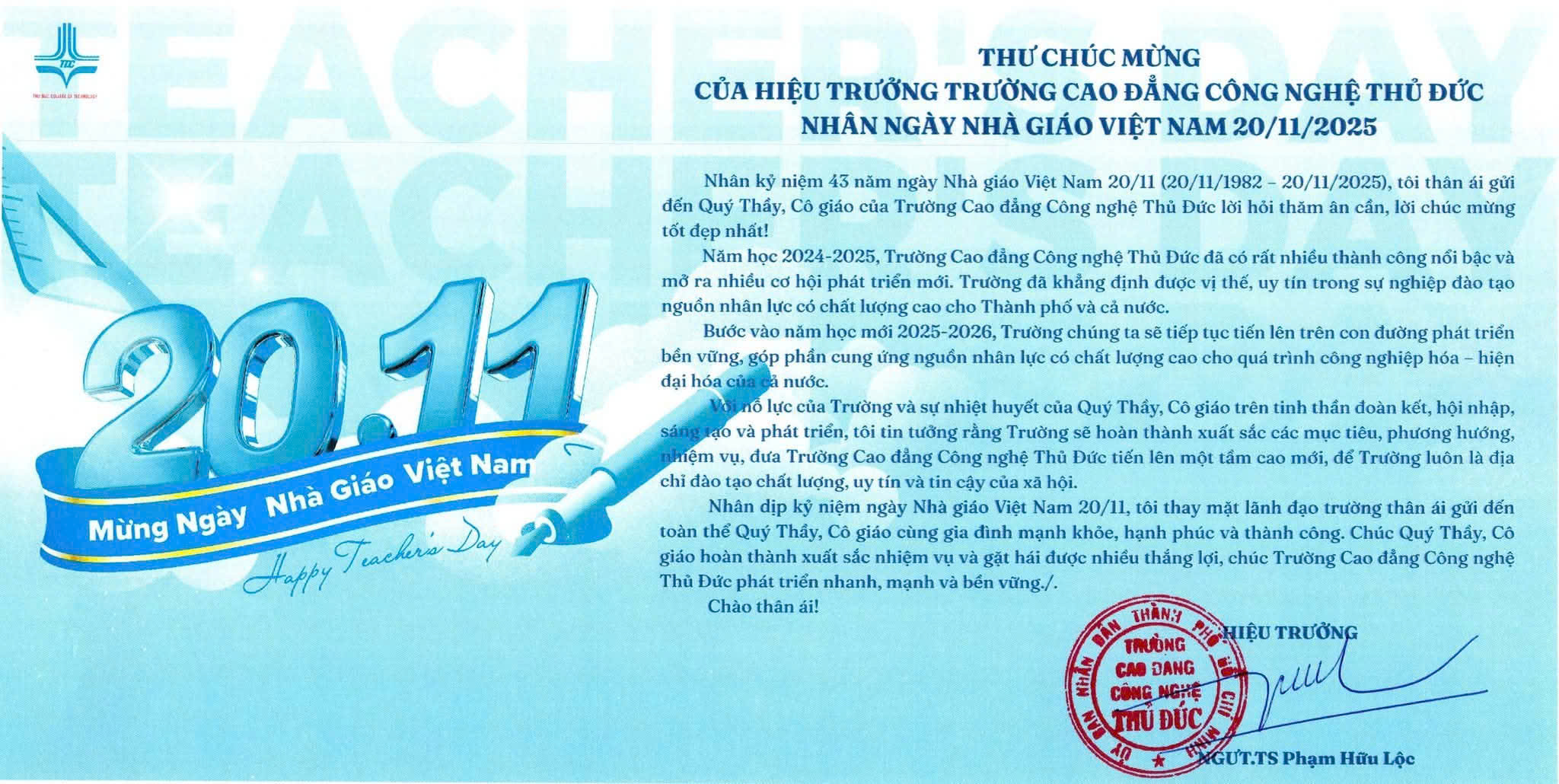 THƯ CHÚC MỪNG CỦA HIỆU TRƯỞNG TRƯỜNG CAO ĐẲNG CÔNG NGHỆ THỦ ĐỨC NHÂN NGÀY NHÀ GIÁO VIỆT NAM 20/11/2025